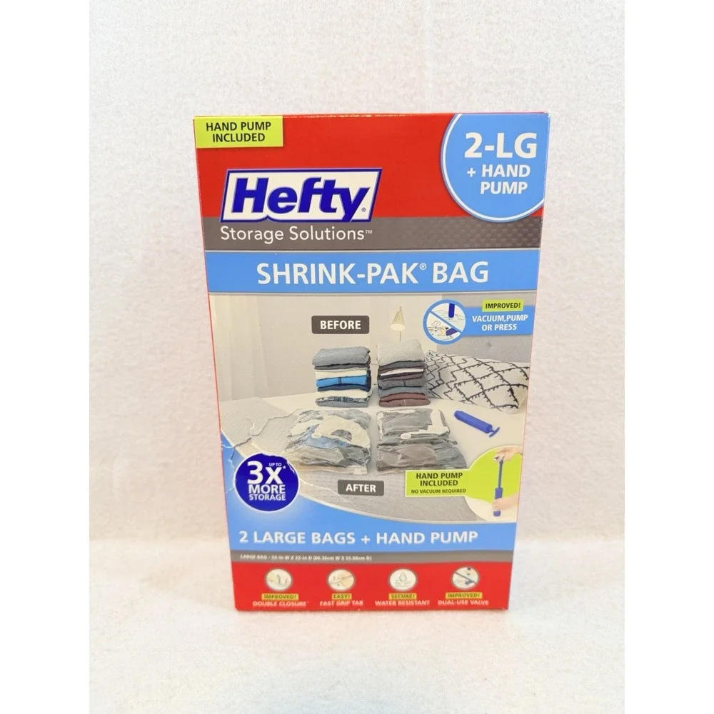Lot of 2 Hefty Vacuum Seal Shrink‎ Pak, Each Contains 2 Large Bags and Hand Pump